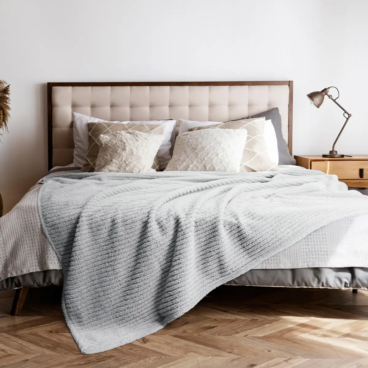 Fino Plush Blanket | Bold Striped Textured | Light Grey